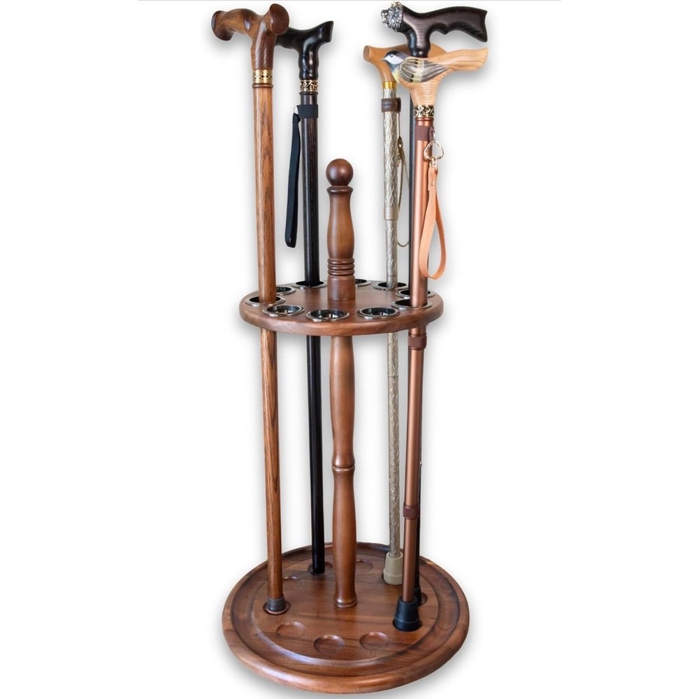 Asterom Cane Stand Wooden Holder Walking Sticks Canes Brown Round Open Box